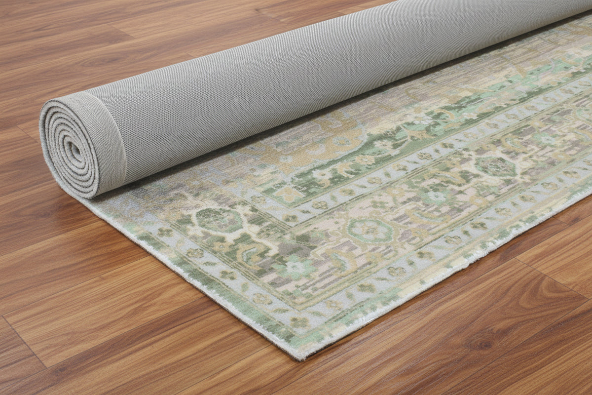 Fenna Handmade Medallion Sage Green Area Rug – Vintage Distressed Traditional Overdyed Style 9175422501013