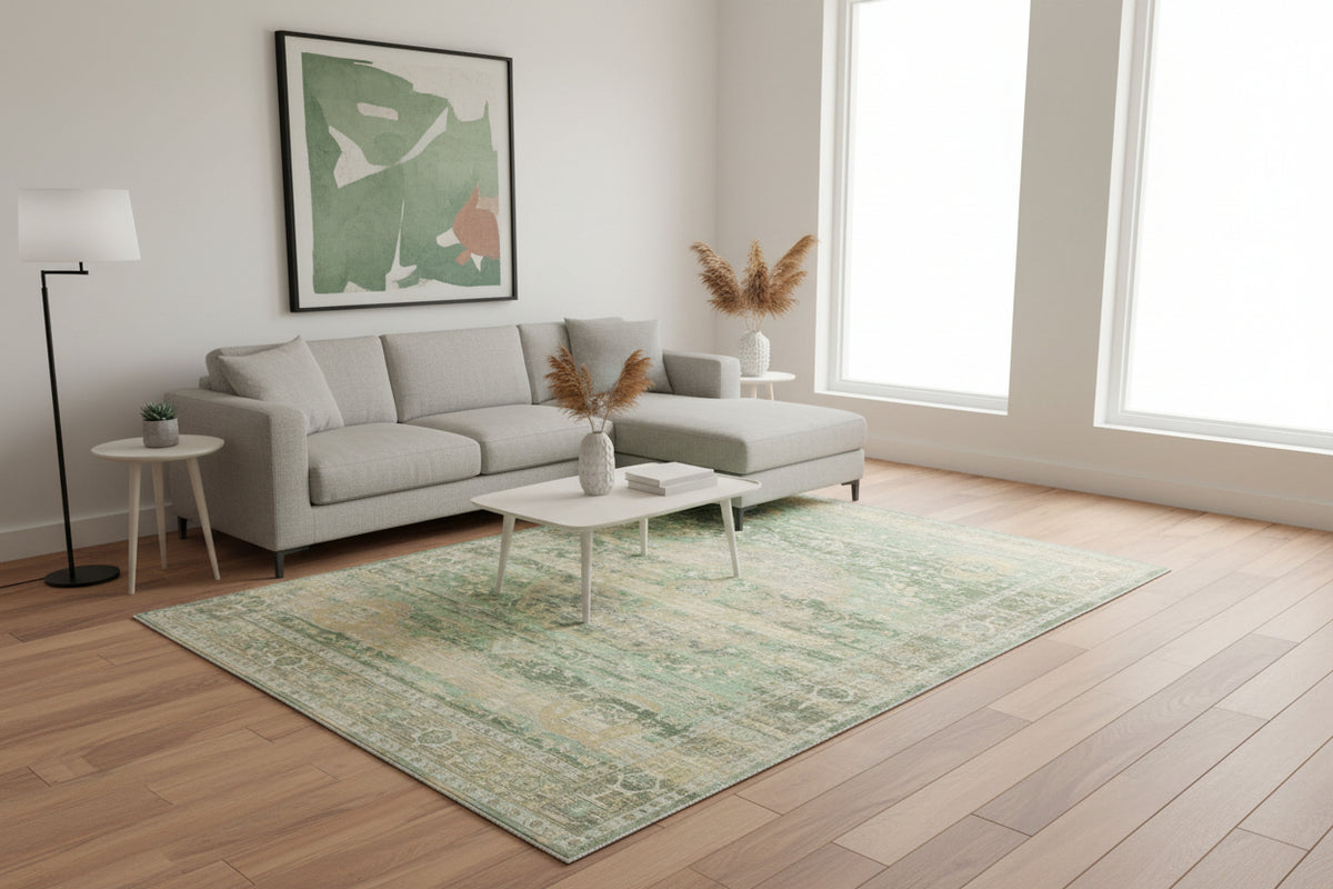 Fenna Handmade Medallion Sage Green Area Rug – Vintage Distressed Traditional Overdyed Style 9175422501013