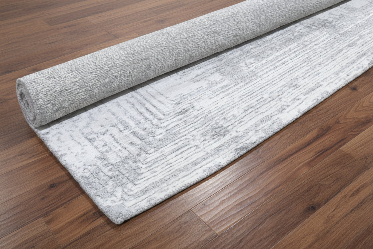 Framify Geometric Handmade Linear Rug – Gray & Silver Hand Loom Knotted Bordered Rug 9176270471317