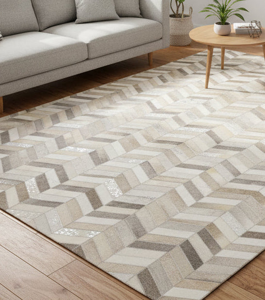 French Chevron Handmade Beige Gray Leather Area Rug | Modern Patchwork Cowhide Rug 9060914757781