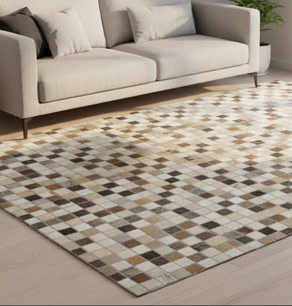 Giselle Handmade Leather Brown Checkerboard Rug | Modern Patchwork Cowhide Area Rug 9060499751061