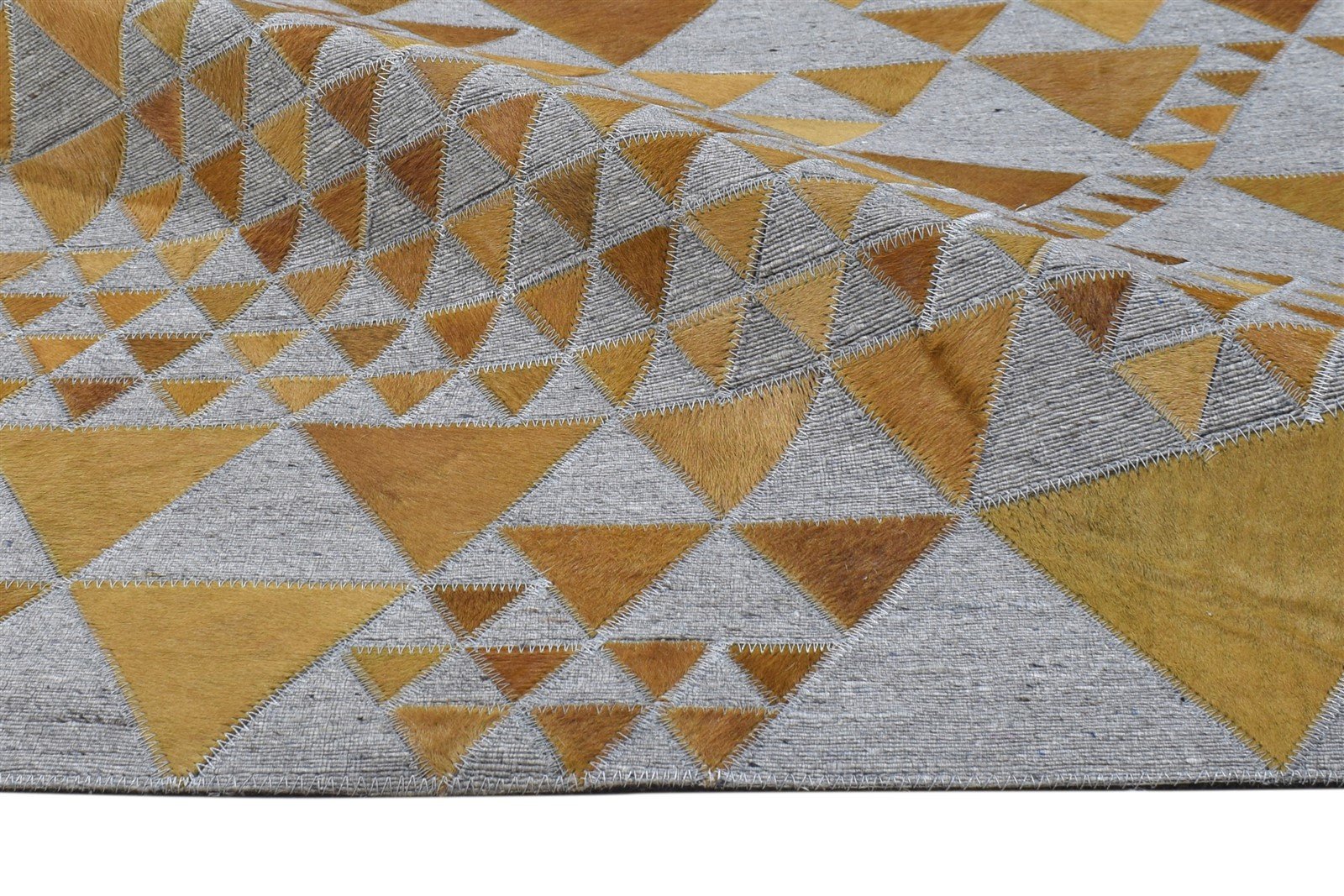 Gold Leather / Cotton Rug 3X9 Modern Hand Woven Scandinavian Triangles Small 7864511398037