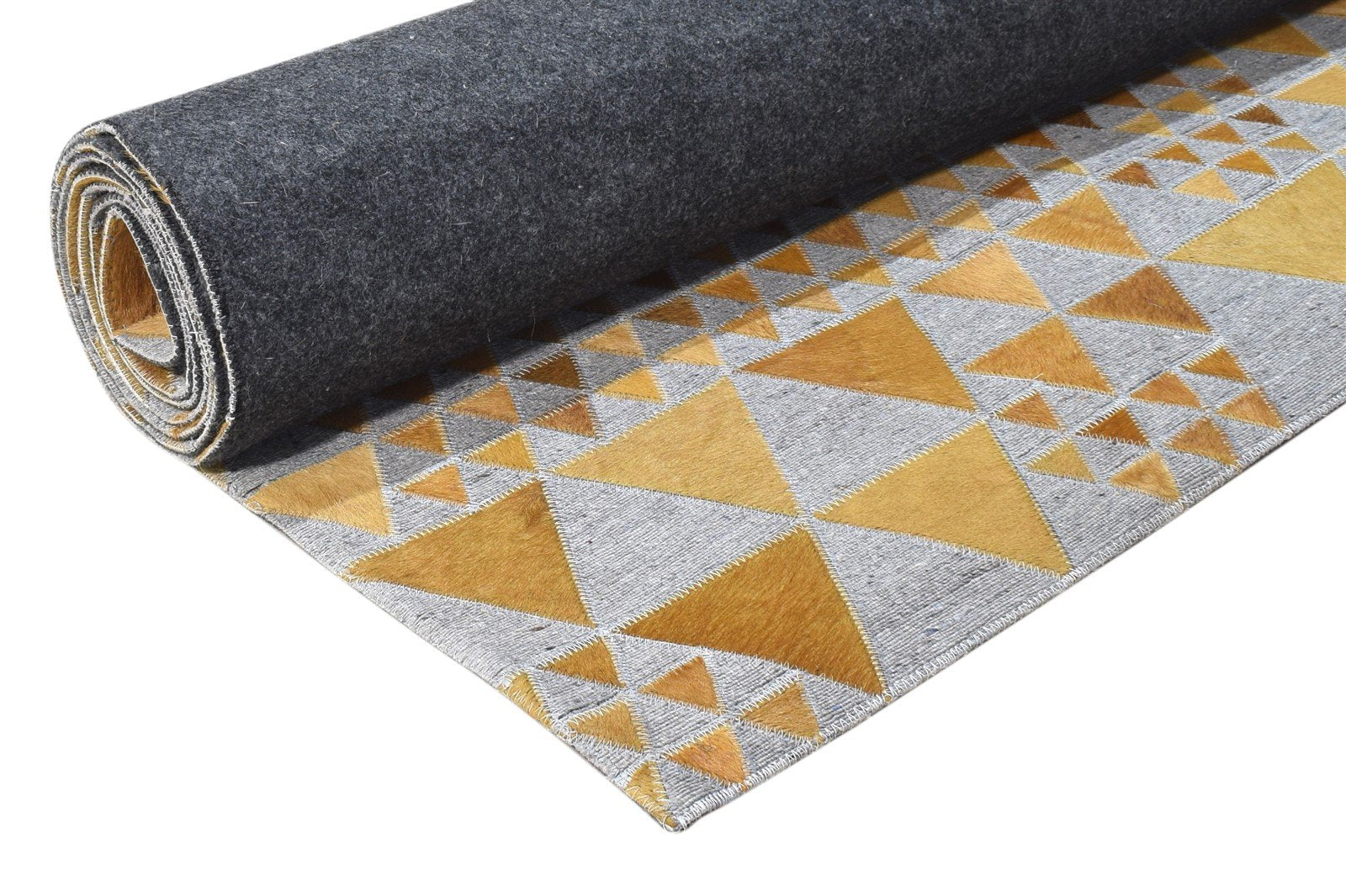 Gold Leather / Cotton Rug 3X9 Modern Hand Woven Scandinavian Triangles Small 7864511398037