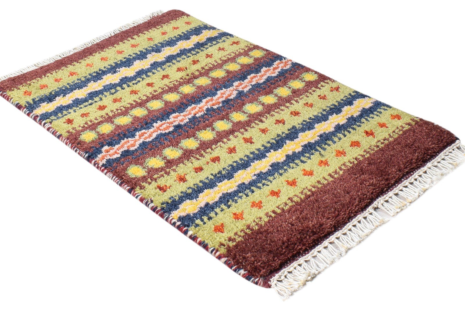 Green Wool Rug 1' X 2' Tribal Hand Knotted Southwestern Striped Small Carpet 7865182781589