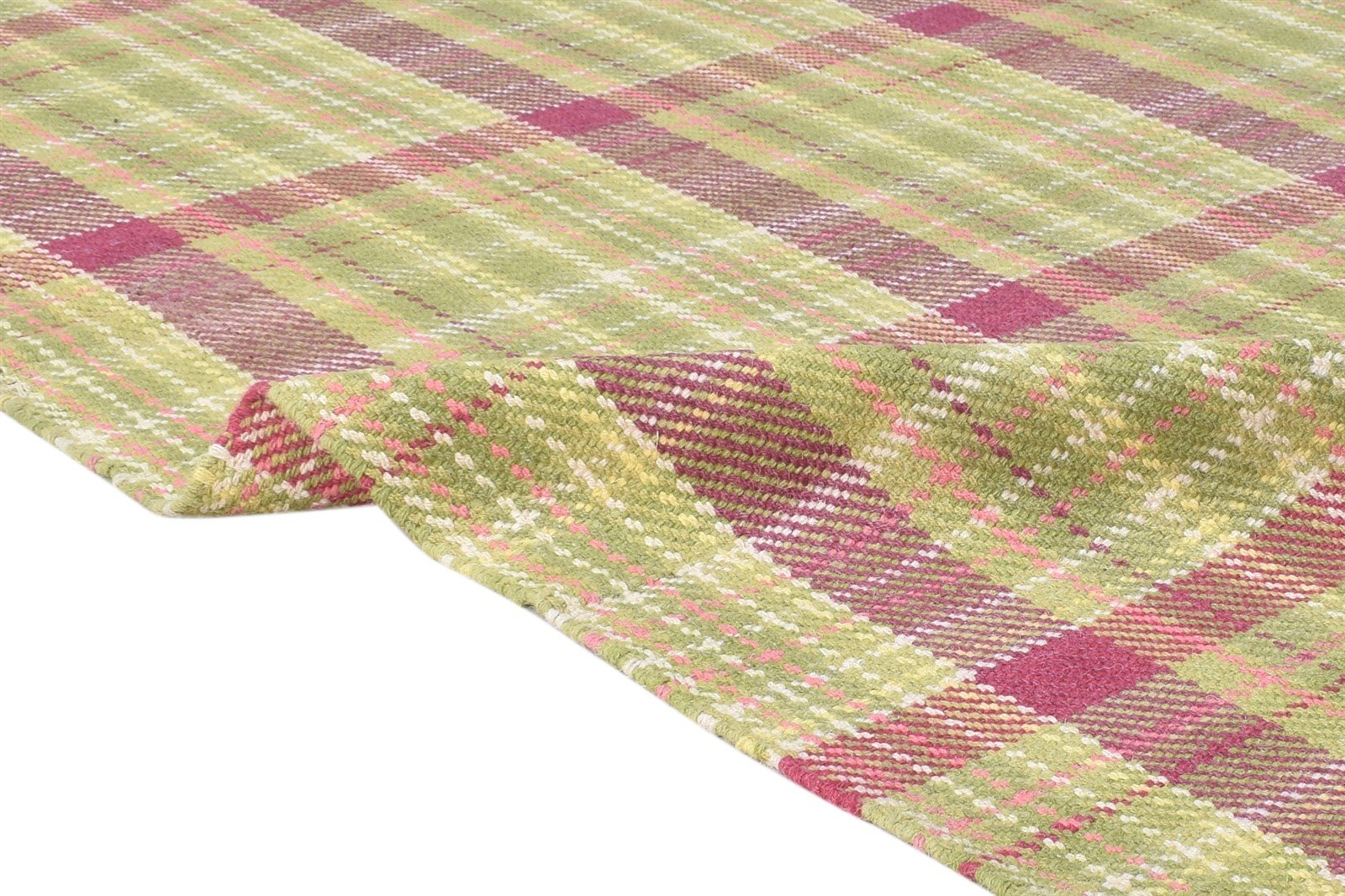 Green Wool Rug 4' X 6' Modern Dhurrie Scandinavian Plaids Room Size Carpet 7865192480917