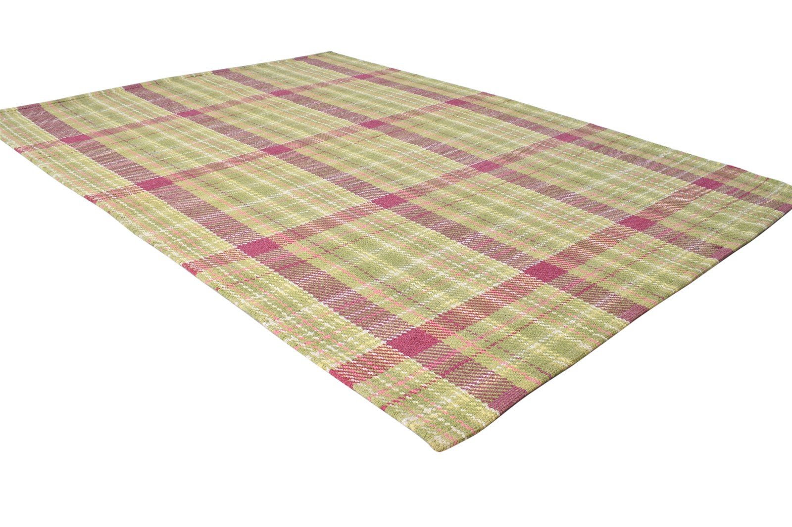 Green Wool Rug 4' X 6' Modern Dhurrie Scandinavian Plaids Room Size Carpet 7865192480917