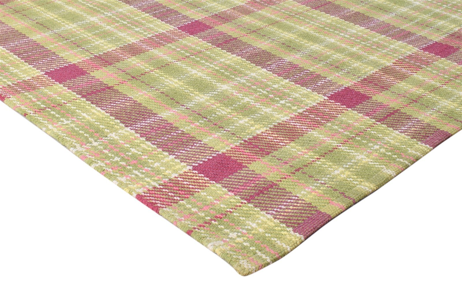 Green Wool Rug 4' X 6' Modern Dhurrie Scandinavian Plaids Room Size Carpet 7865192480917