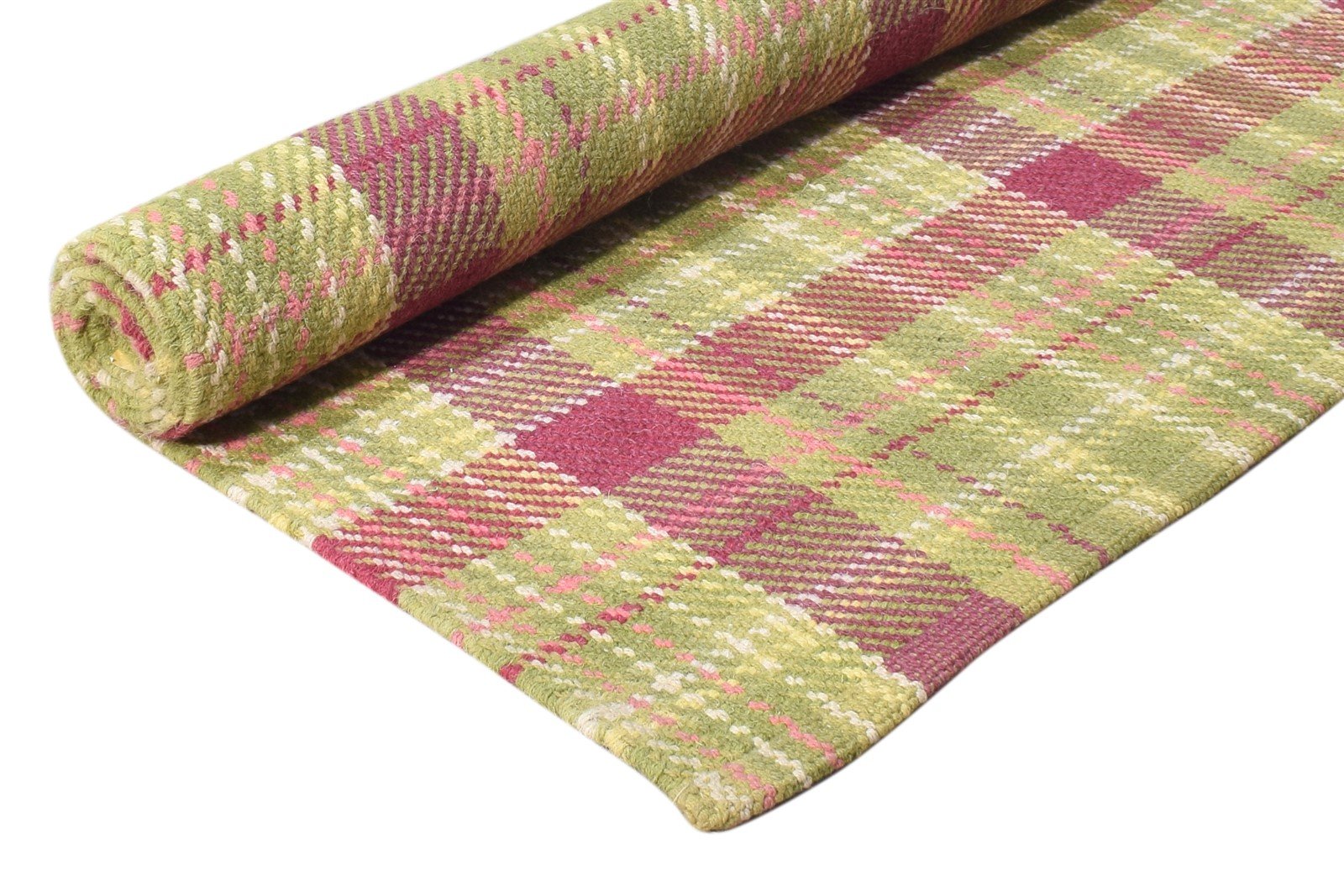 Green Wool Rug 4' X 6' Modern Dhurrie Scandinavian Plaids Room Size Carpet 7865192480917