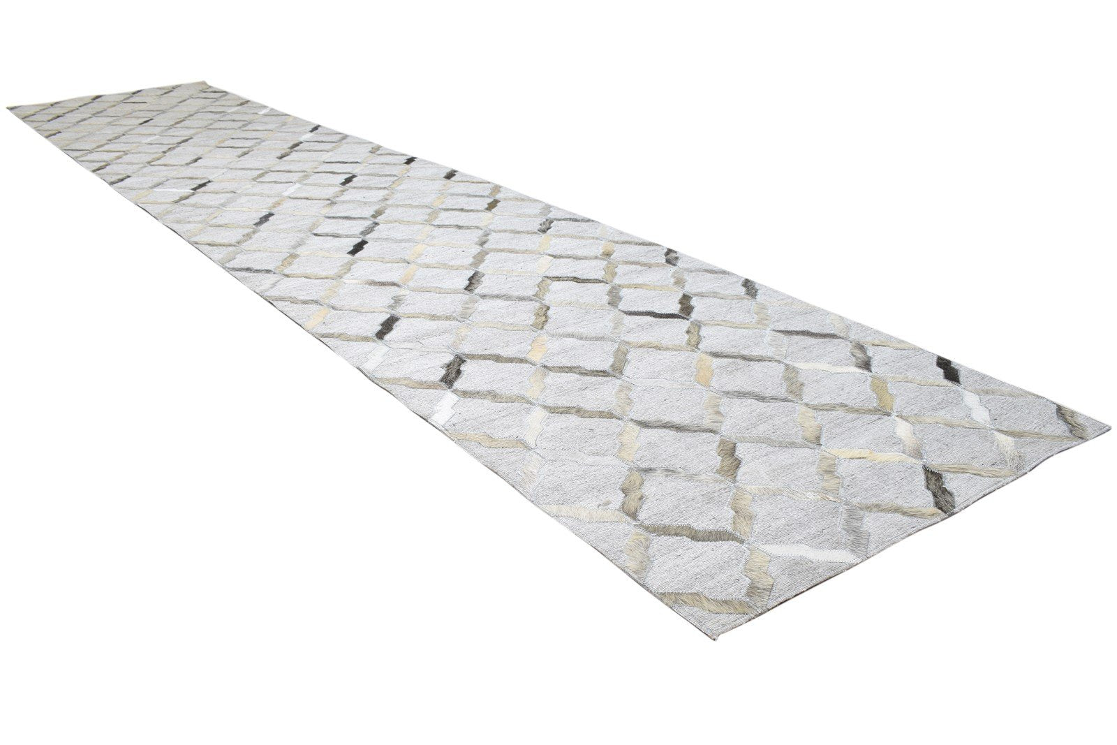 Grey Leather / Cotton Rug 2'6"x12 Modern Hand Woven Scandinavian Geometric Small 7864106090645
