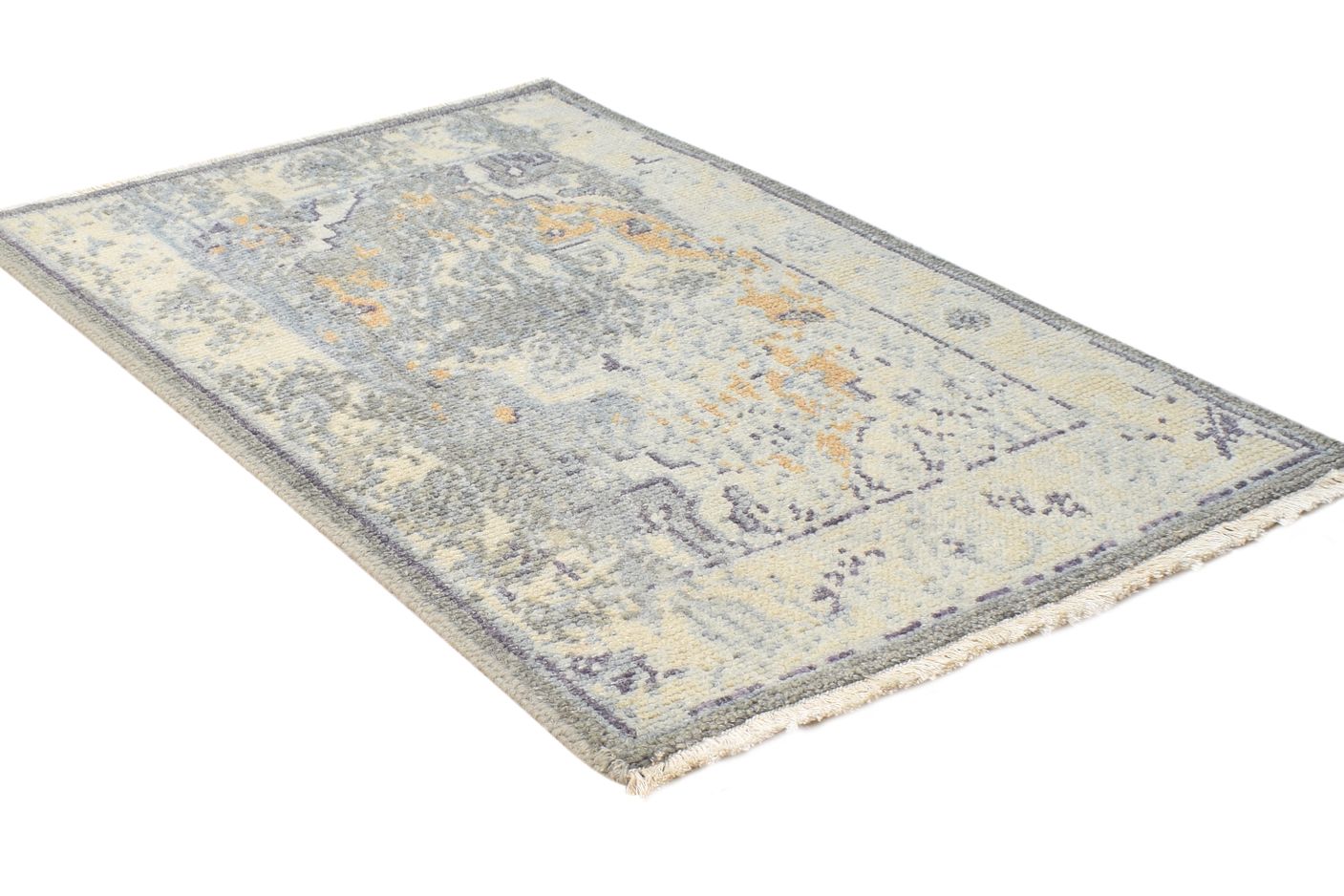Grey Wool Silk Rug 2' X 3' Modern Hand Knotted American Abstract Small Carpet 7865121079445