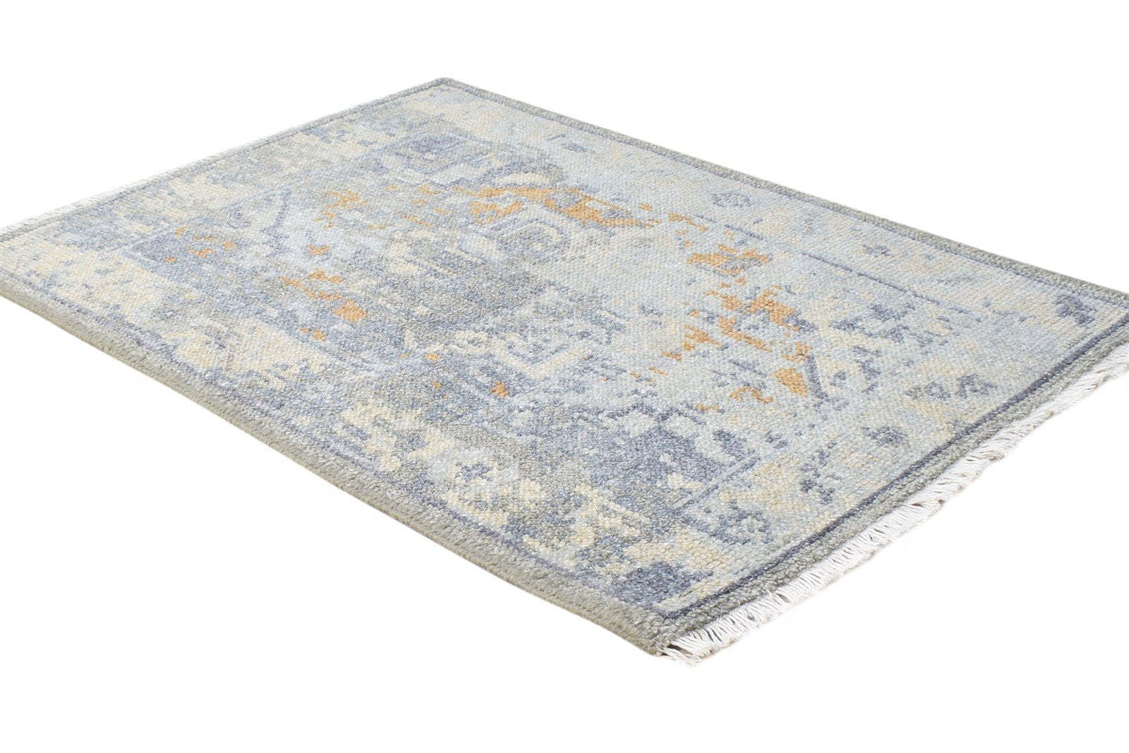 Grey Wool Silk Rug 2X3 Modern Hand Knotted Heriz-Indian Abstract Small Carpet 7865143984277