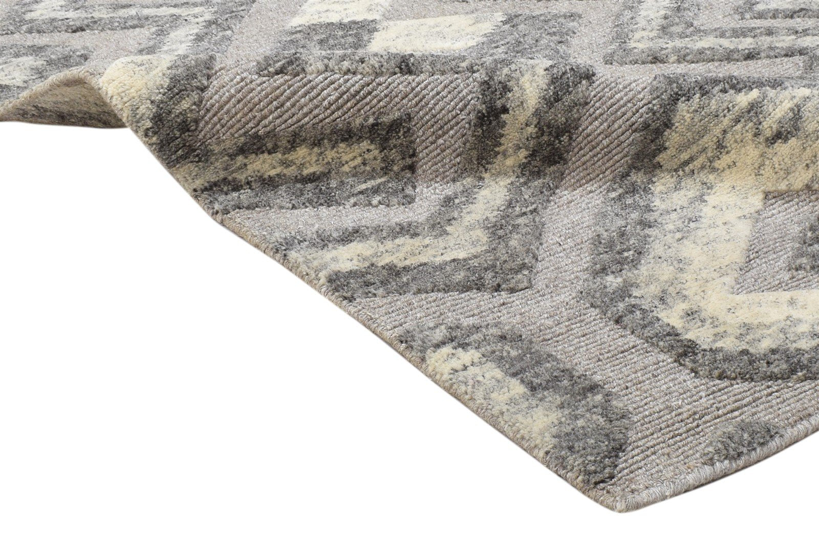 Grey Wool / Silk Rug 4X6 Shag Hand Knotted Moroccan Geometric Room Size Carpet 7864090099861
