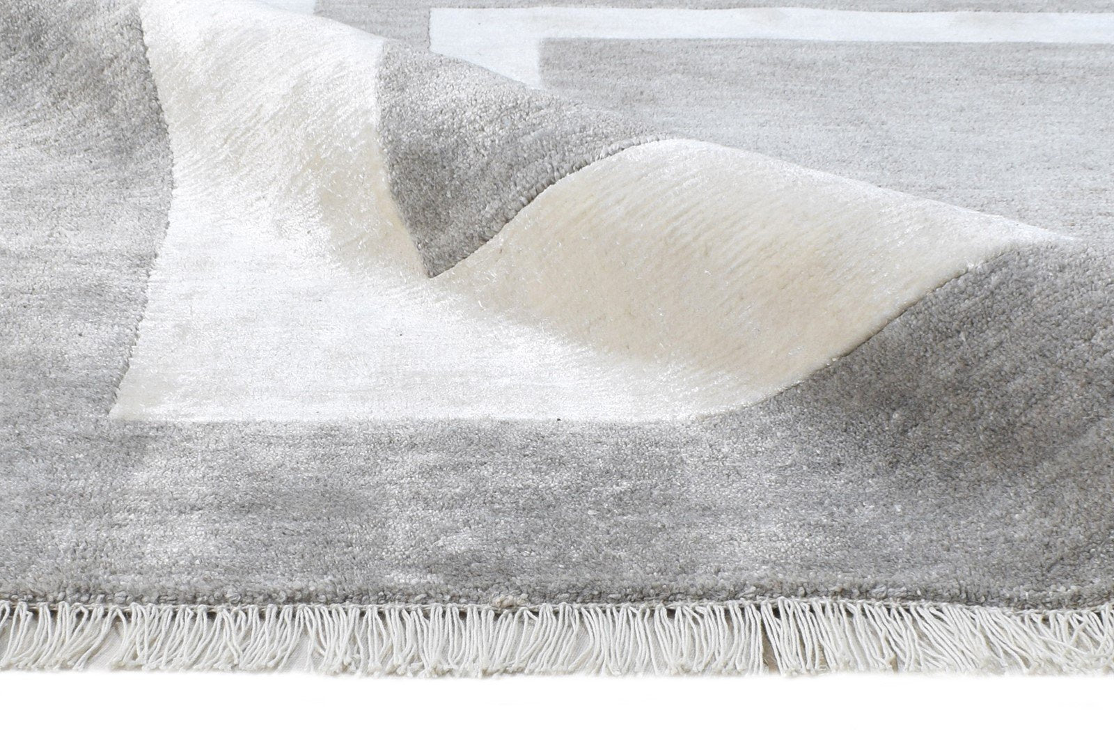 Grey Wool / Silk Rug 8X4 Modern Hand Knotted Scandinavian Bordered Large Carpet 7864572117141