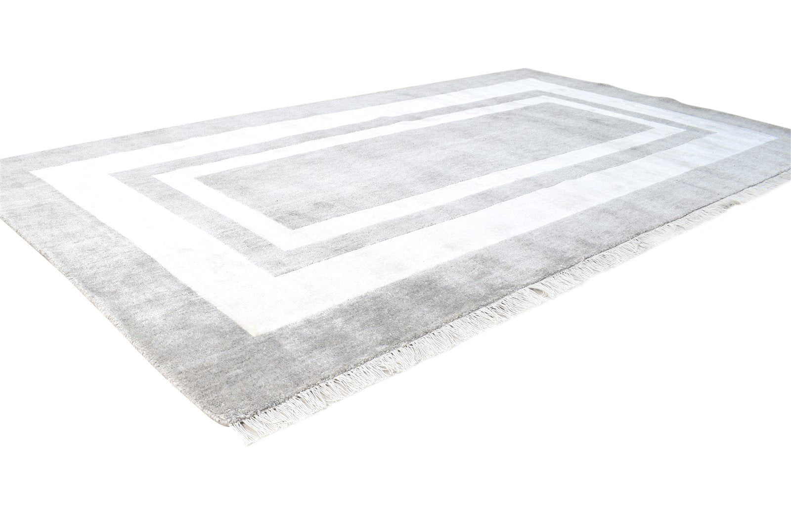 Grey Wool / Silk Rug 8X4 Modern Hand Knotted Scandinavian Bordered Large Carpet 7864572117141