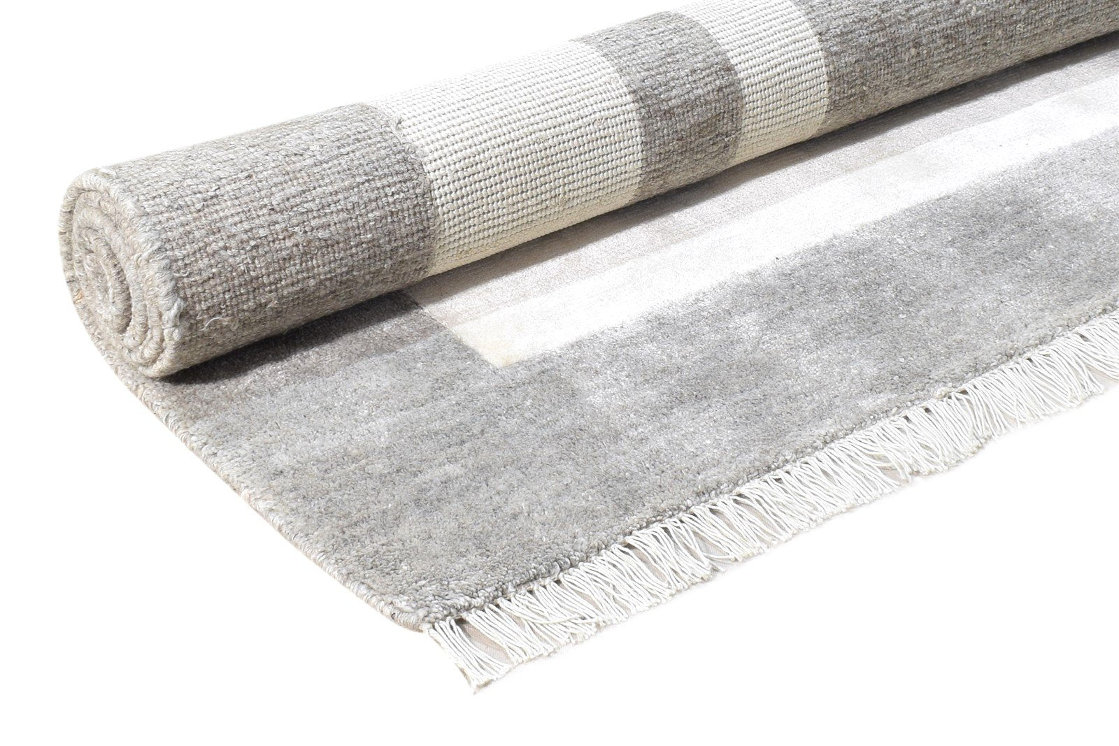Grey Wool / Silk Rug 8X4 Modern Hand Knotted Scandinavian Bordered Large Carpet 7864572117141