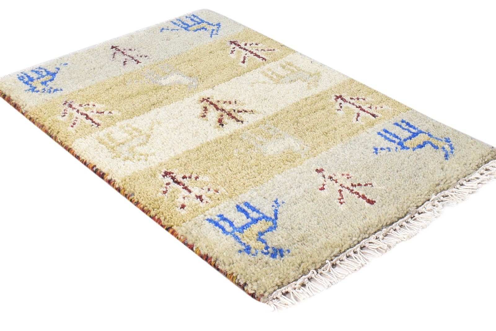 Hand Knotted Beige Wool Rug 1' X 2' Southwestern American Tribal Small Carpet 7865089294485