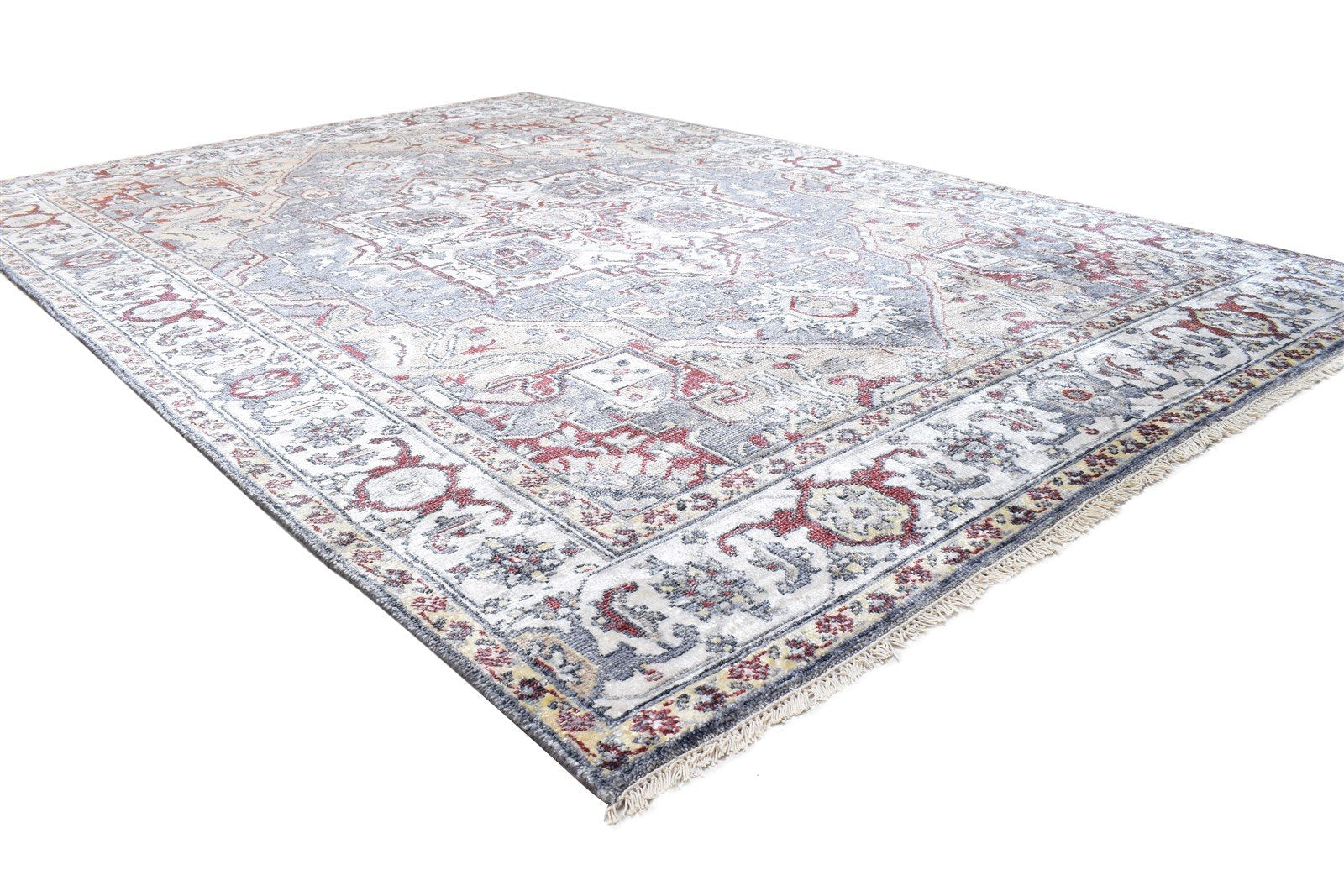 Hand Knotted Beige Wool / Silk Rug 6X9 Persian Heriz-Indian Oriental Room Size 7864999510165