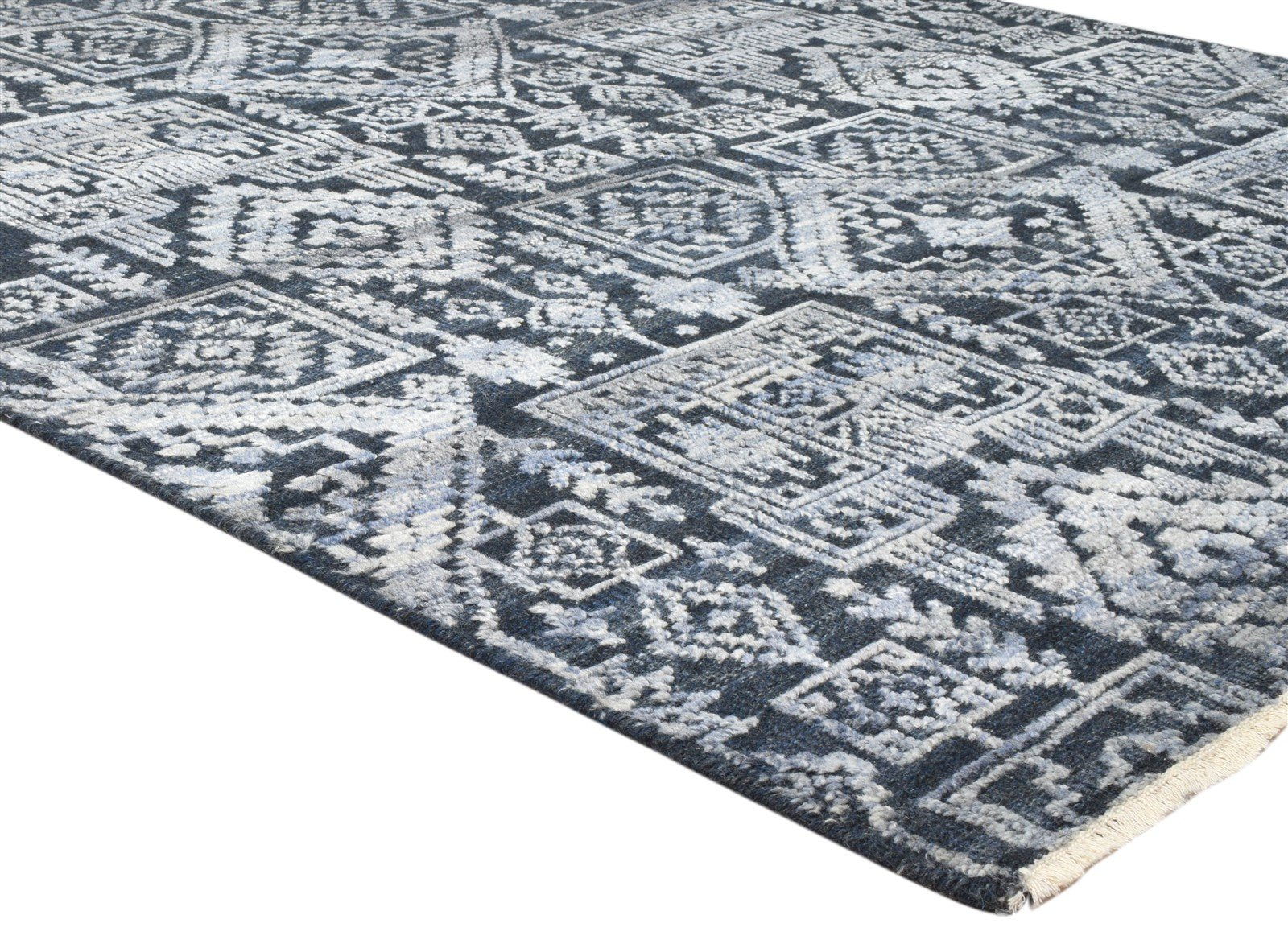 Hand Knotted Black Wool Silk Rug 6X9 Modern Scandinavian Trellis Room Size 7864081940629