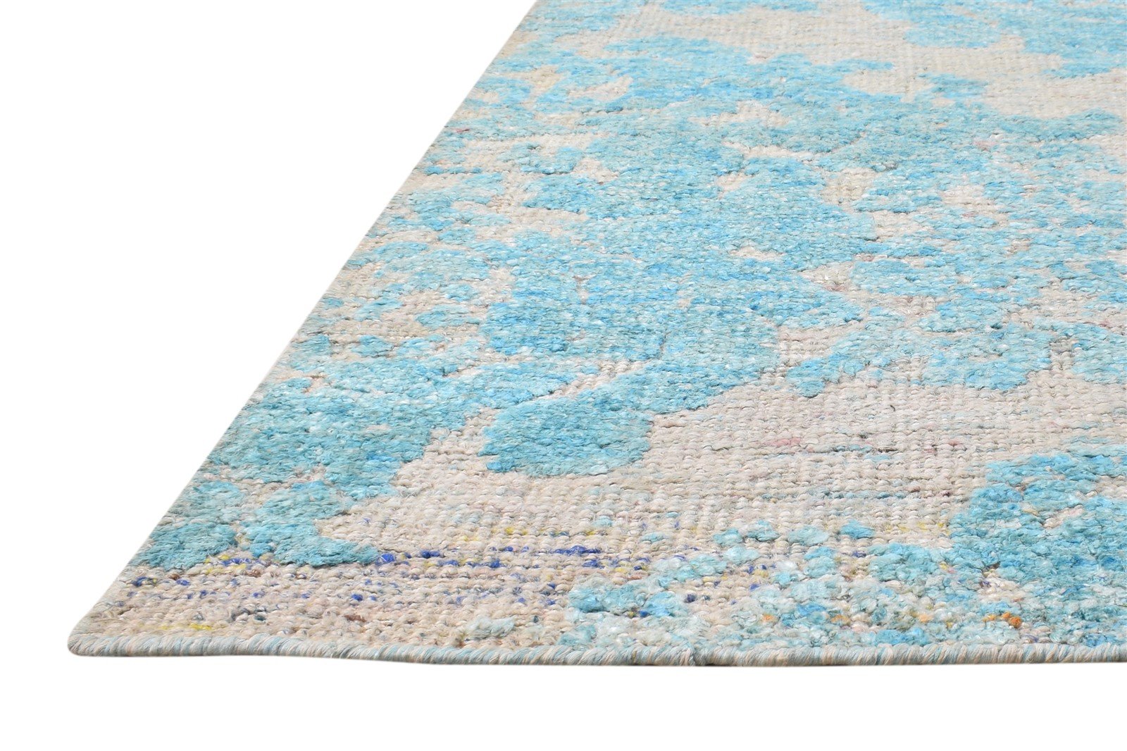 Hand Knotted Blue Silk Rug 4' X 6' Modern European Damask Room Size Carpet 7865142050965