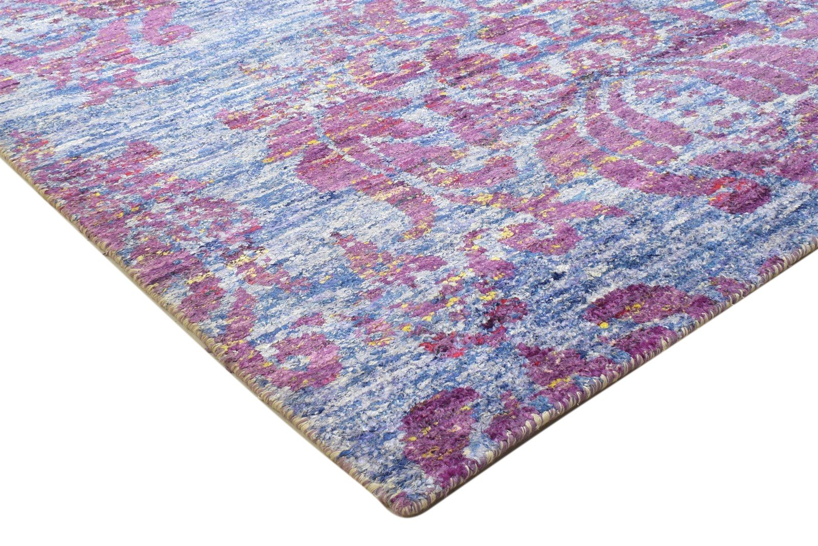 Karmen Hand Knotted Blue Silk Rug 5' X 8' Modern Bohemian Damask 7864098062485