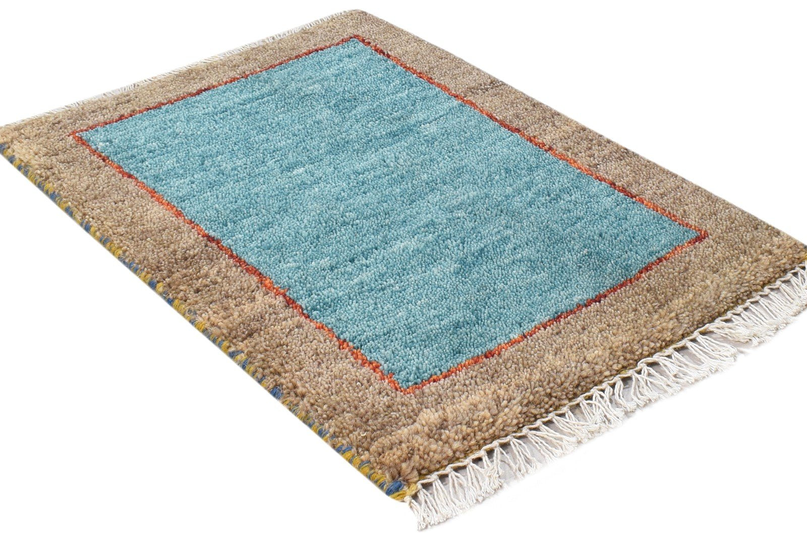 Hand Knotted Blue Wool Rug 1' X 2' Modern Scandinavian Bordered Small Carpet 7865099223189