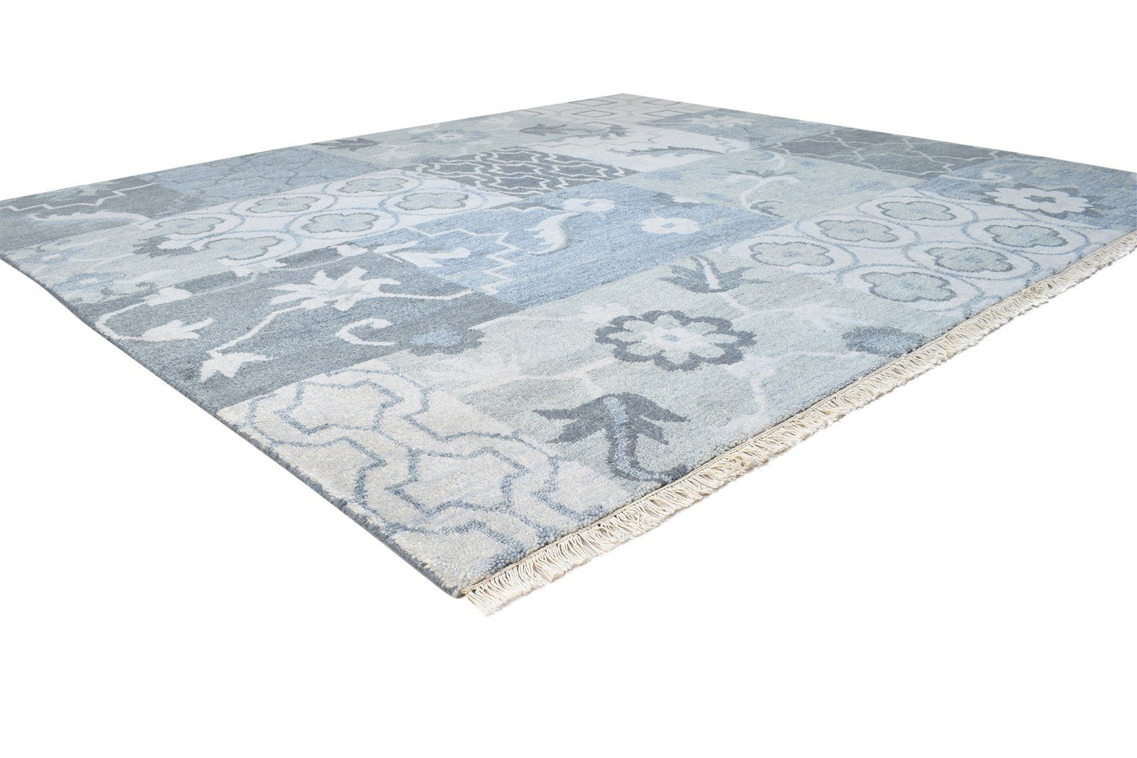 Hand Knotted Blue Wool Rug 8' X 7' Persian Mughal Oriental Large Carpet 7864495112341