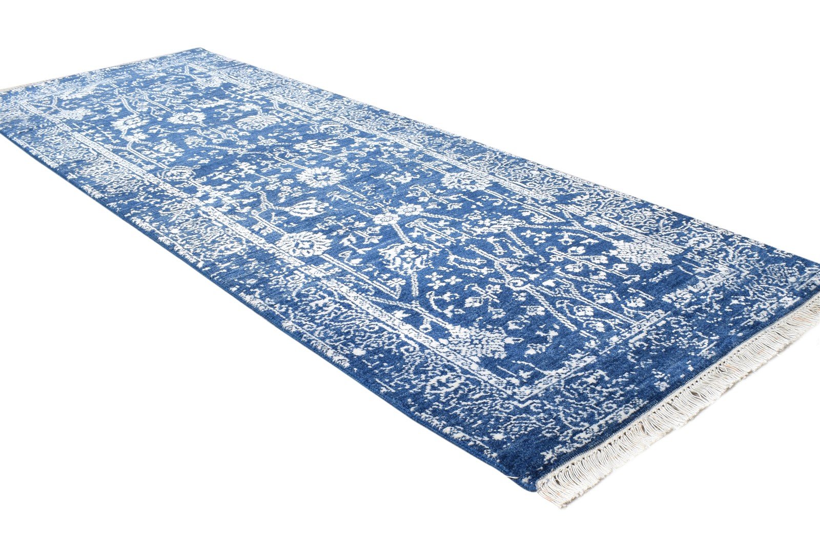 Hand Knotted Blue Wool / Silk Rug 2' X 6' Modern Oushak Abstract Small Runner 7865148833941