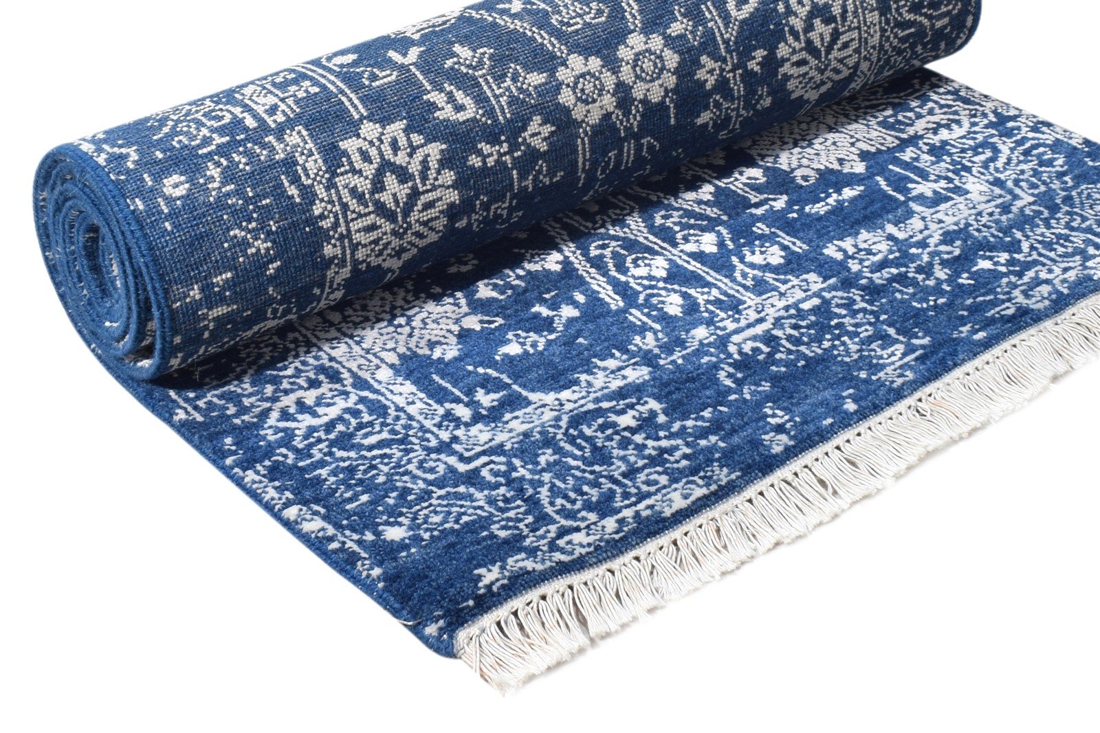 Hand Knotted Blue Wool / Silk Rug 2' X 6' Modern Oushak Abstract Small Runner 7865148833941