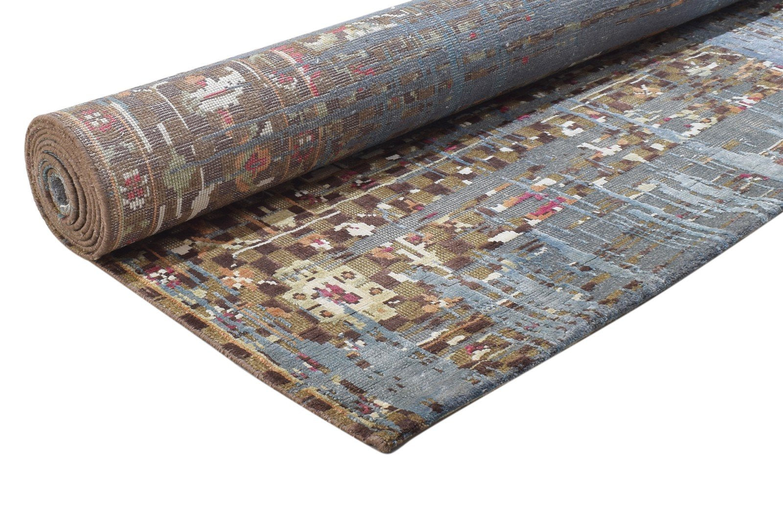 Hand Knotted Blue Wool / Silk Rug 7' X 10' Modern Indian Abstract Large Carpet 7864403656853