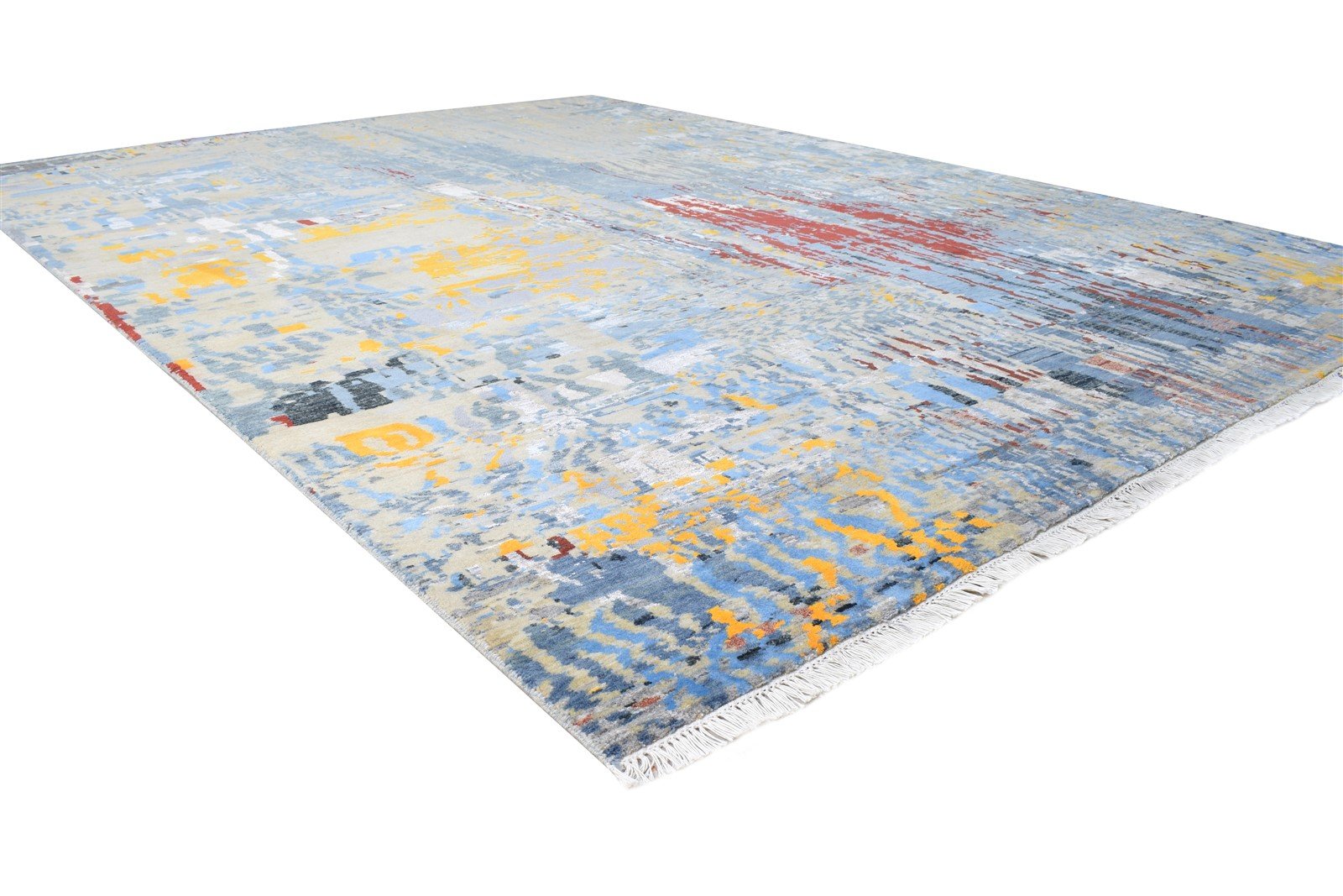 Hand Knotted Blue Wool / Silk Rug 8' X 11' Modern Indian Abstract Large Carpet 7864586862741