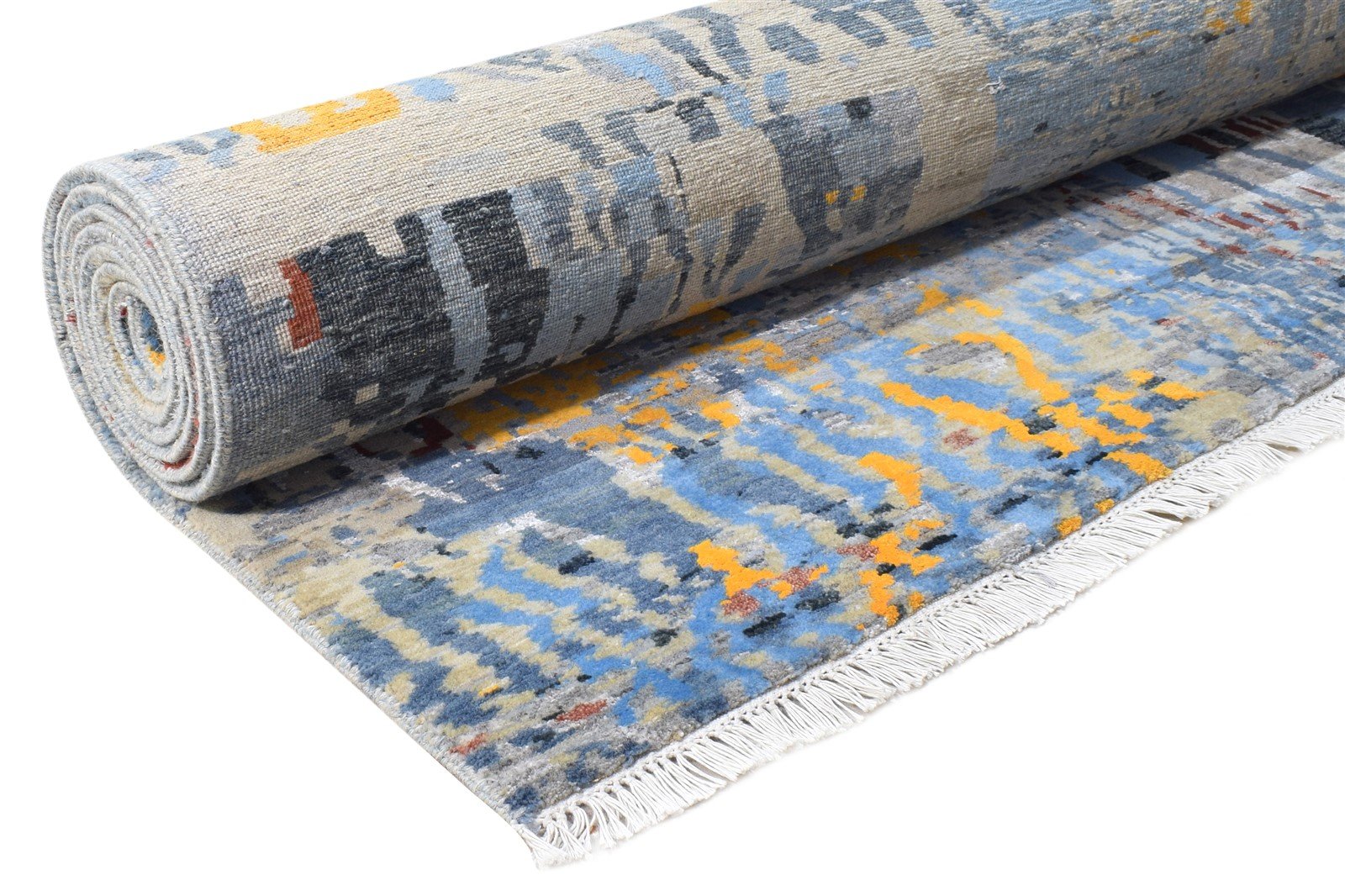 Hand Knotted Blue Wool / Silk Rug 8' X 11' Modern Indian Abstract Large Carpet 7864586862741