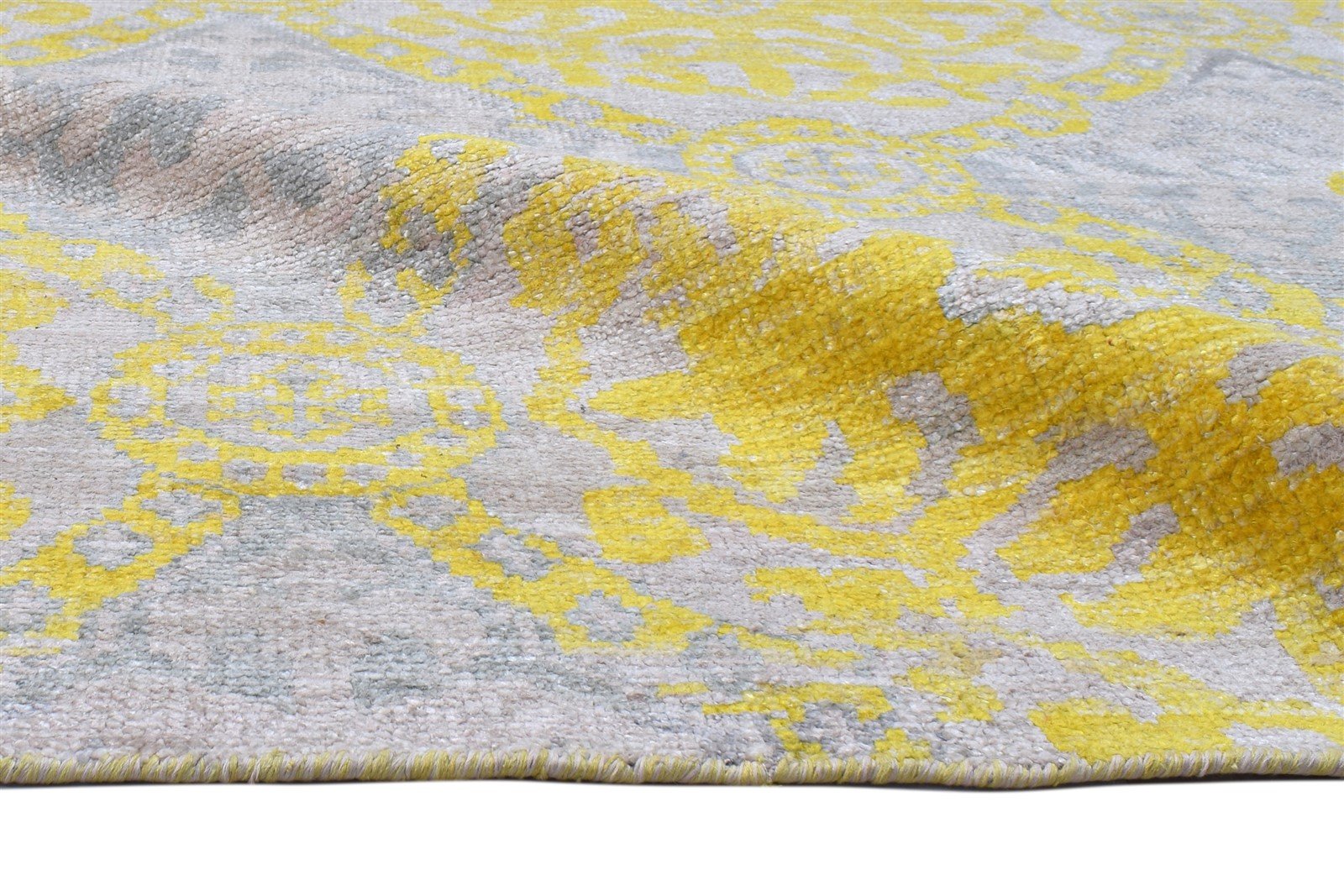 Hand Knotted Gold Silk Rug 5' X 8' Modern Scandinavian Damask Room Size Carpet 7864098848917
