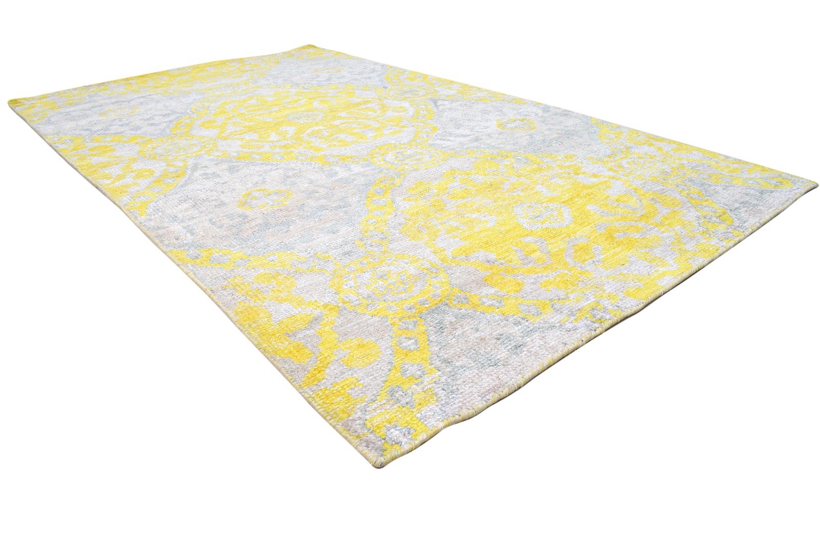 Hand Knotted Gold Silk Rug 5' X 8' Modern Scandinavian Damask Room Size Carpet 7864098848917