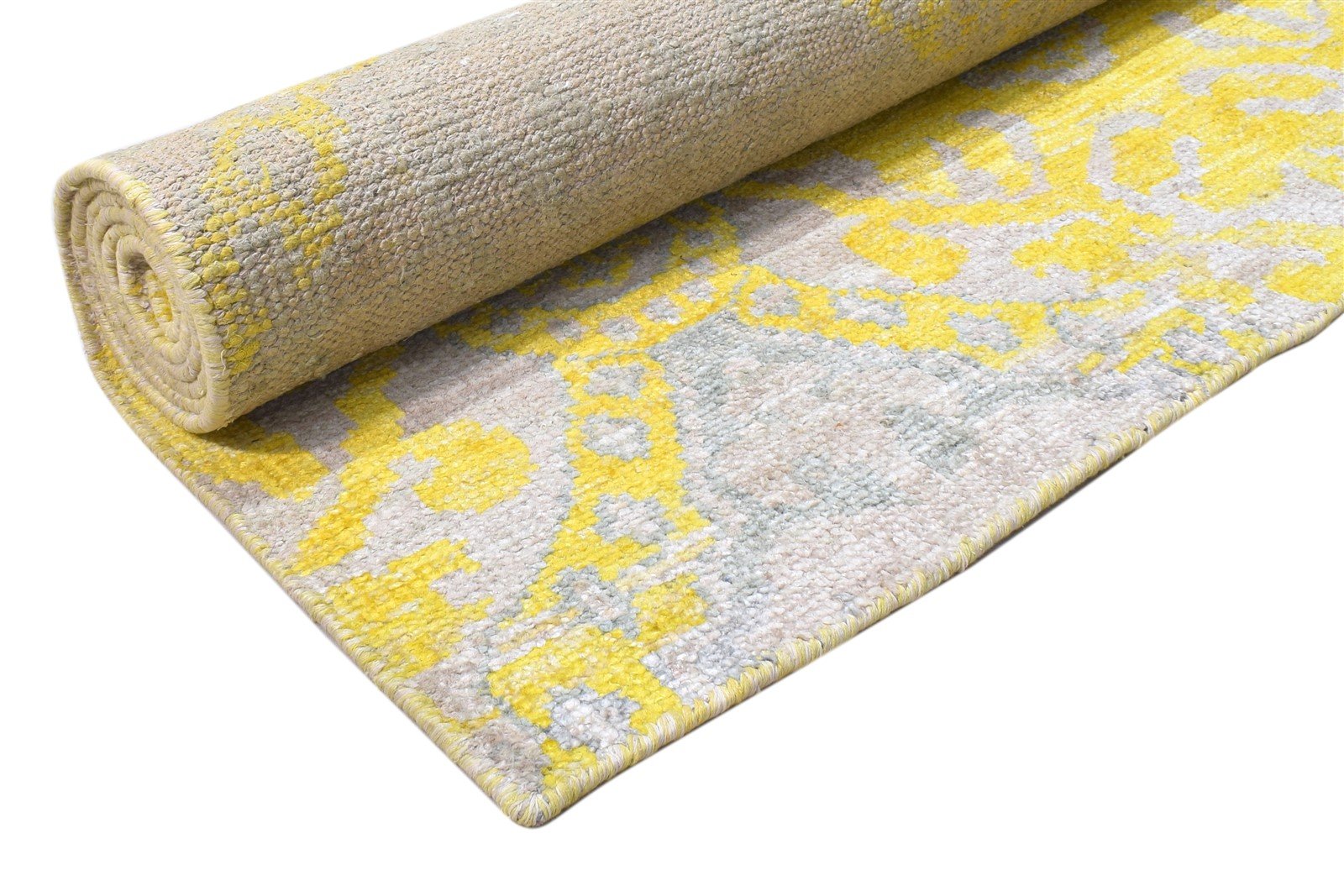 Hand Knotted Gold Silk Rug 5' X 8' Modern Scandinavian Damask Room Size Carpet 7864098848917