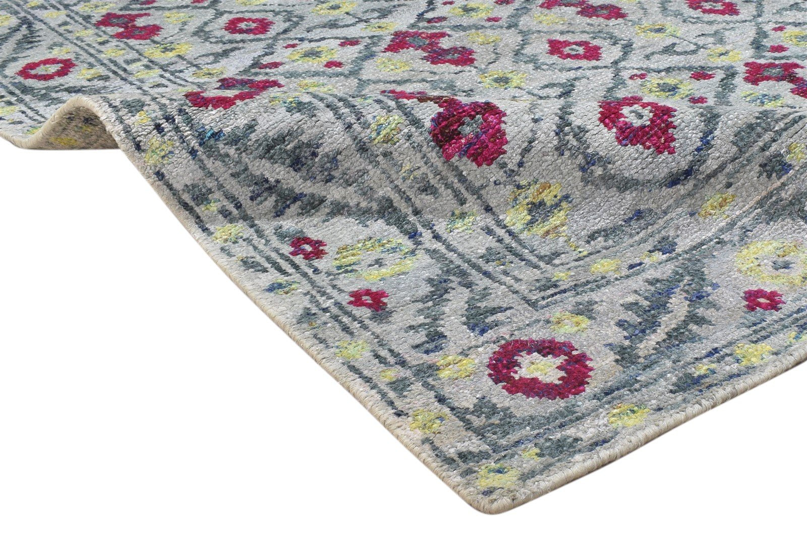 Shoshanna Hand Knotted Green Silk Rug 5' X 8' Modern Bohemian Oriental 7864098422933