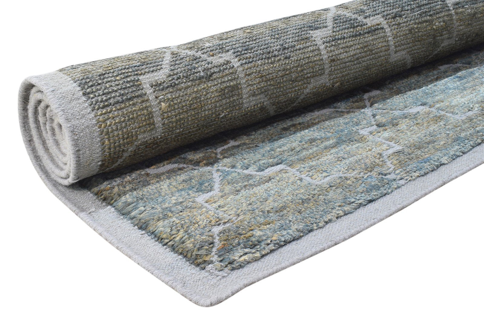 Hand Knotted Green Wool / Jute Rug 8' X 10' Modern Moroccan Trellis Large Carpet 7864787239061