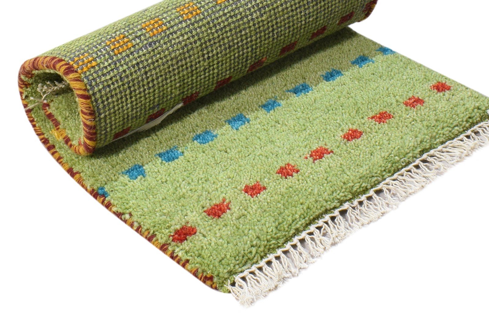 Hand Knotted Green Wool Rug 1' X 2' Southwestern Gabbeh Striped Small Carpet 7865084936341