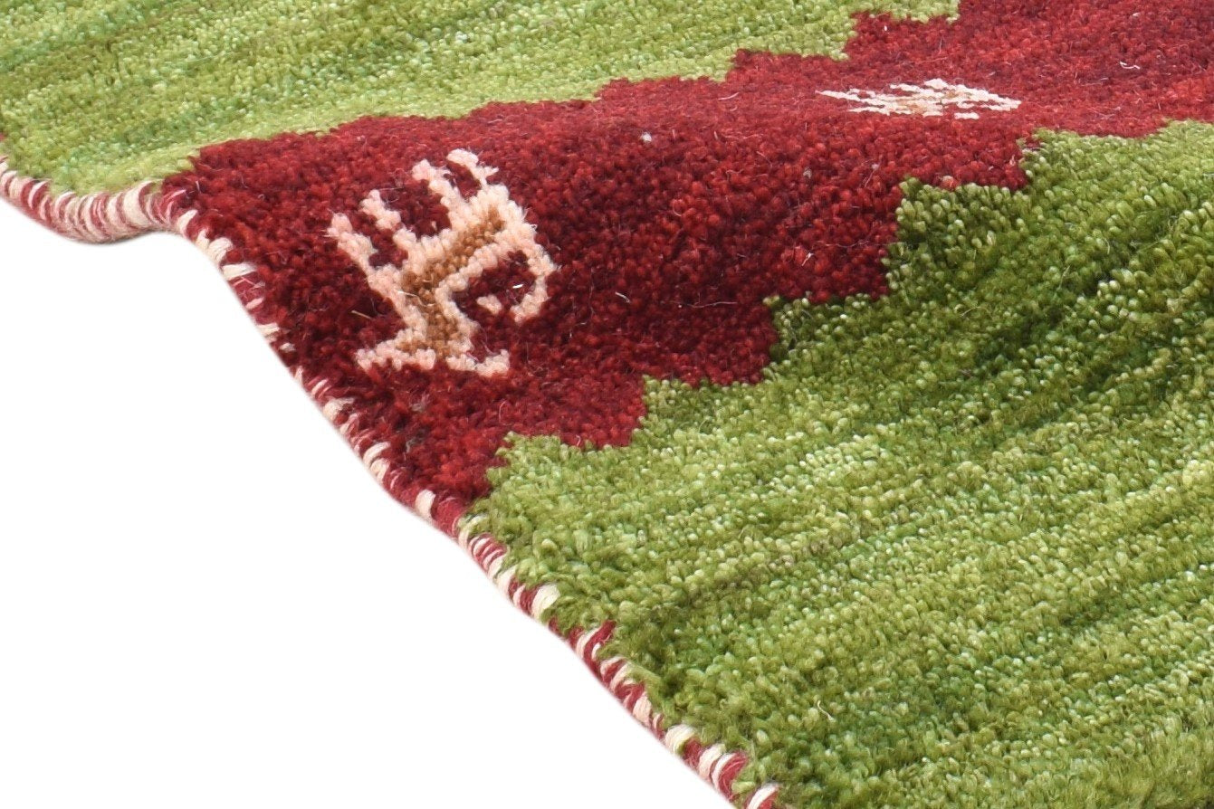 Hand Knotted Green Wool Rug 1' X 2' Southwestern Gabbeh Tribal Small Carpet 7865098829973