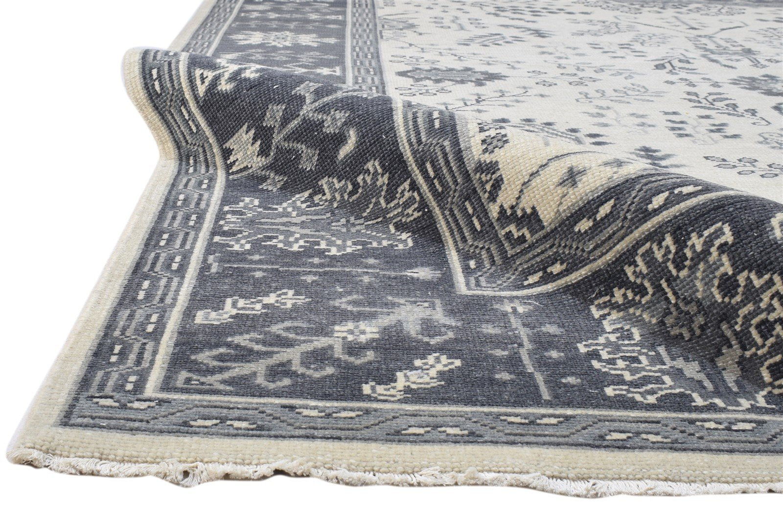 Hand Knotted Grey Wool Rug 8' X 10' Persian Sarouk-Indian Oriental Large Carpet 7860688584853