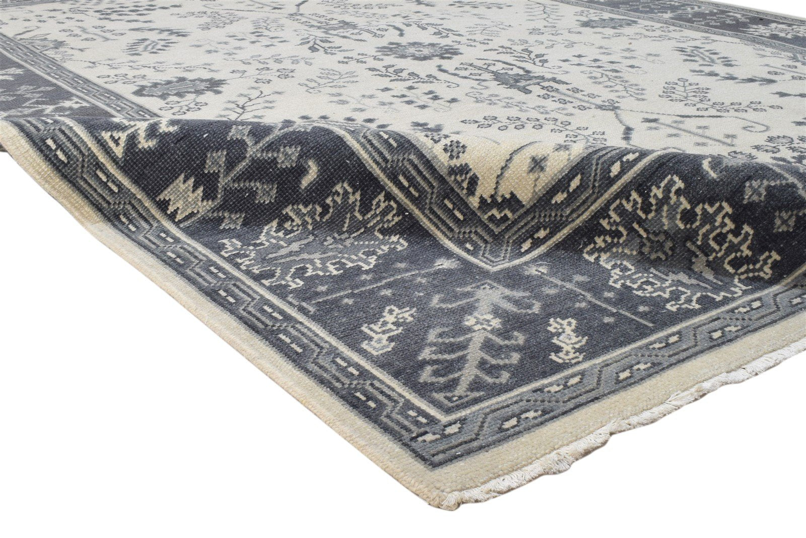 Hand Knotted Grey Wool Rug 8' X 10' Persian Sarouk-Indian Oriental Large Carpet 7860688584853