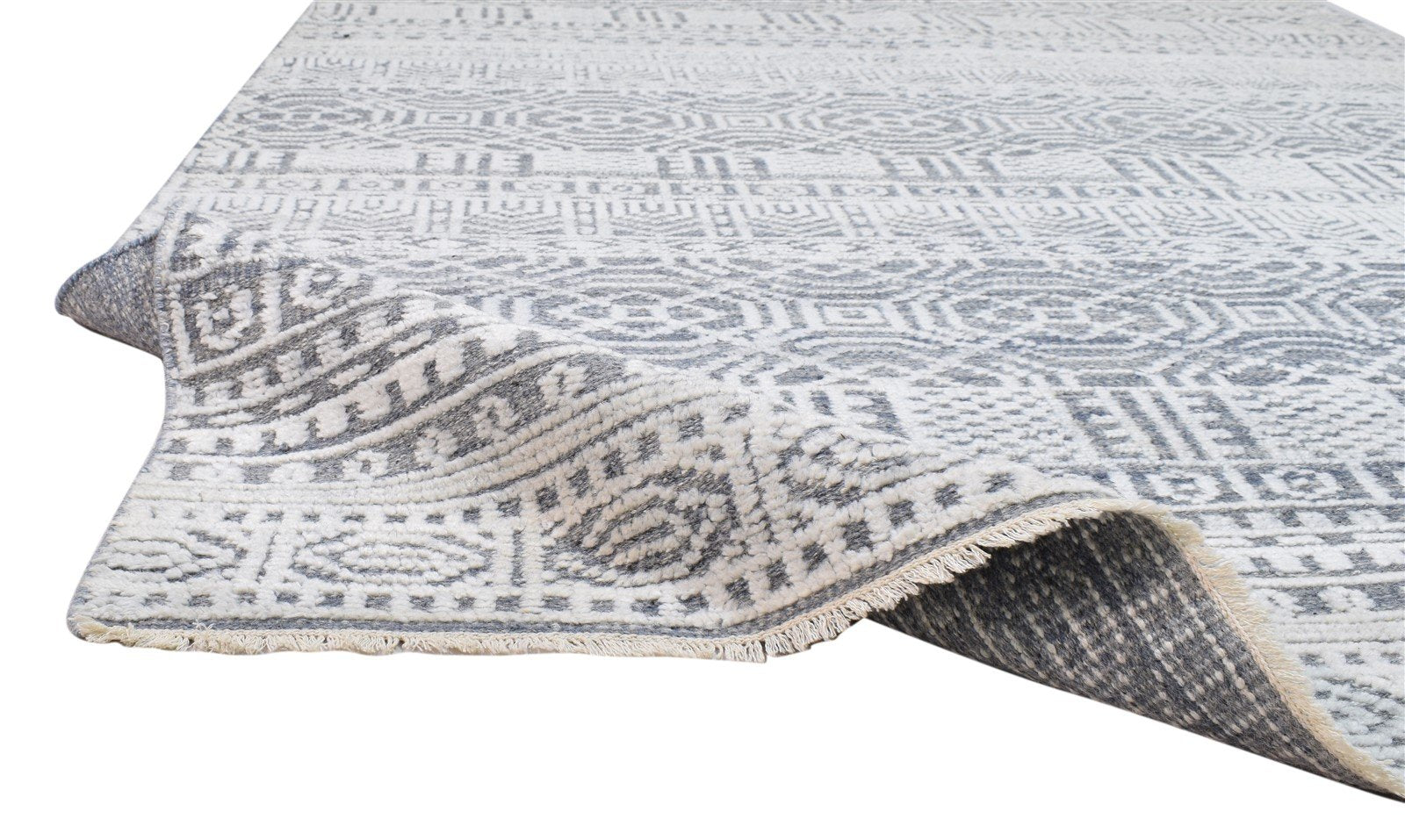Hand Knotted Grey Wool Silk Rug 6X9 Modern Indian Geometric Room Size Carpet 7864081416341