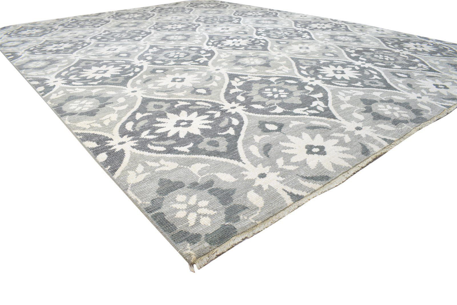 Hand Knotted Grey Wool Silk Rug 9' X 12' Modern Moroccan Trellis Large Carpet 7864104616085