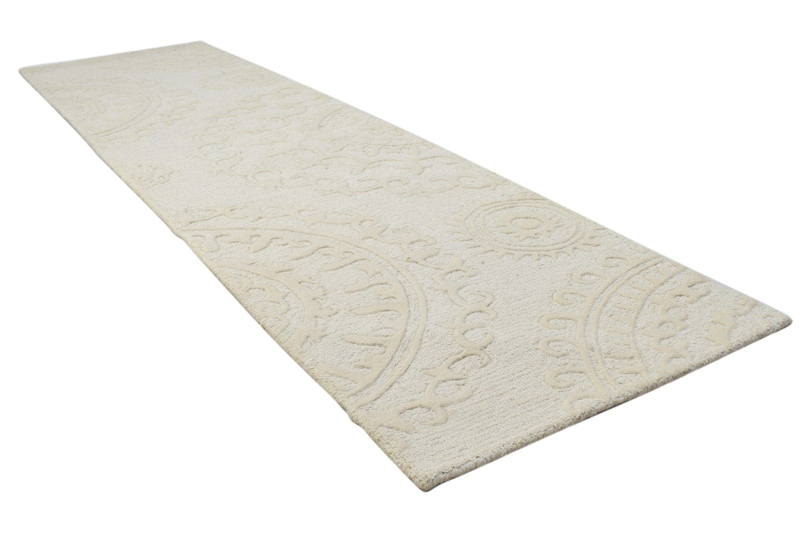 Hand Tufted Beige Wool Rug 2' X 8' Modern French Circles Small Runner 7864122998933
