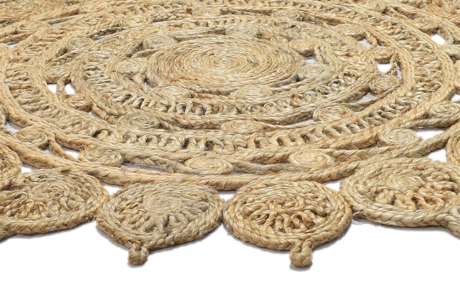 Hand Woven Beige Jute Rug 4' X 4' Modern Scandinavian Circles Room Size Round 7864819089557