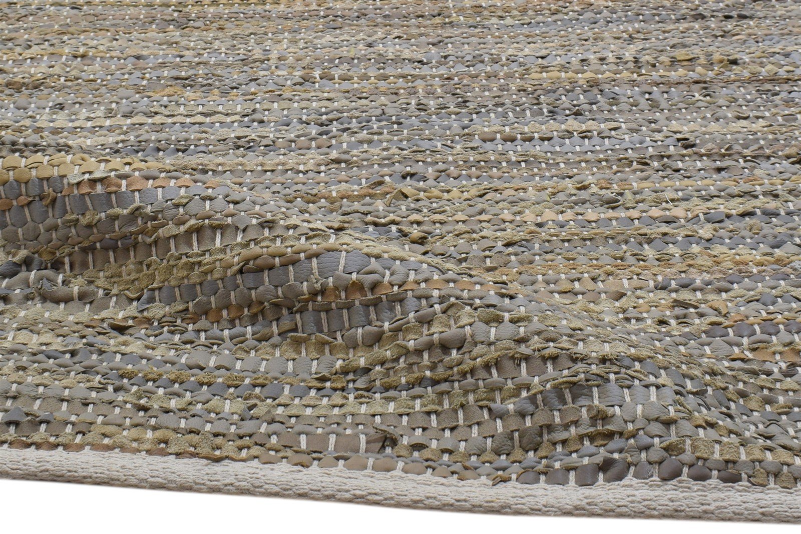 Hand Woven Beige Leather Rug 3X5 Modern Scandinavian Striped Room Size Carpet 7860701364373
