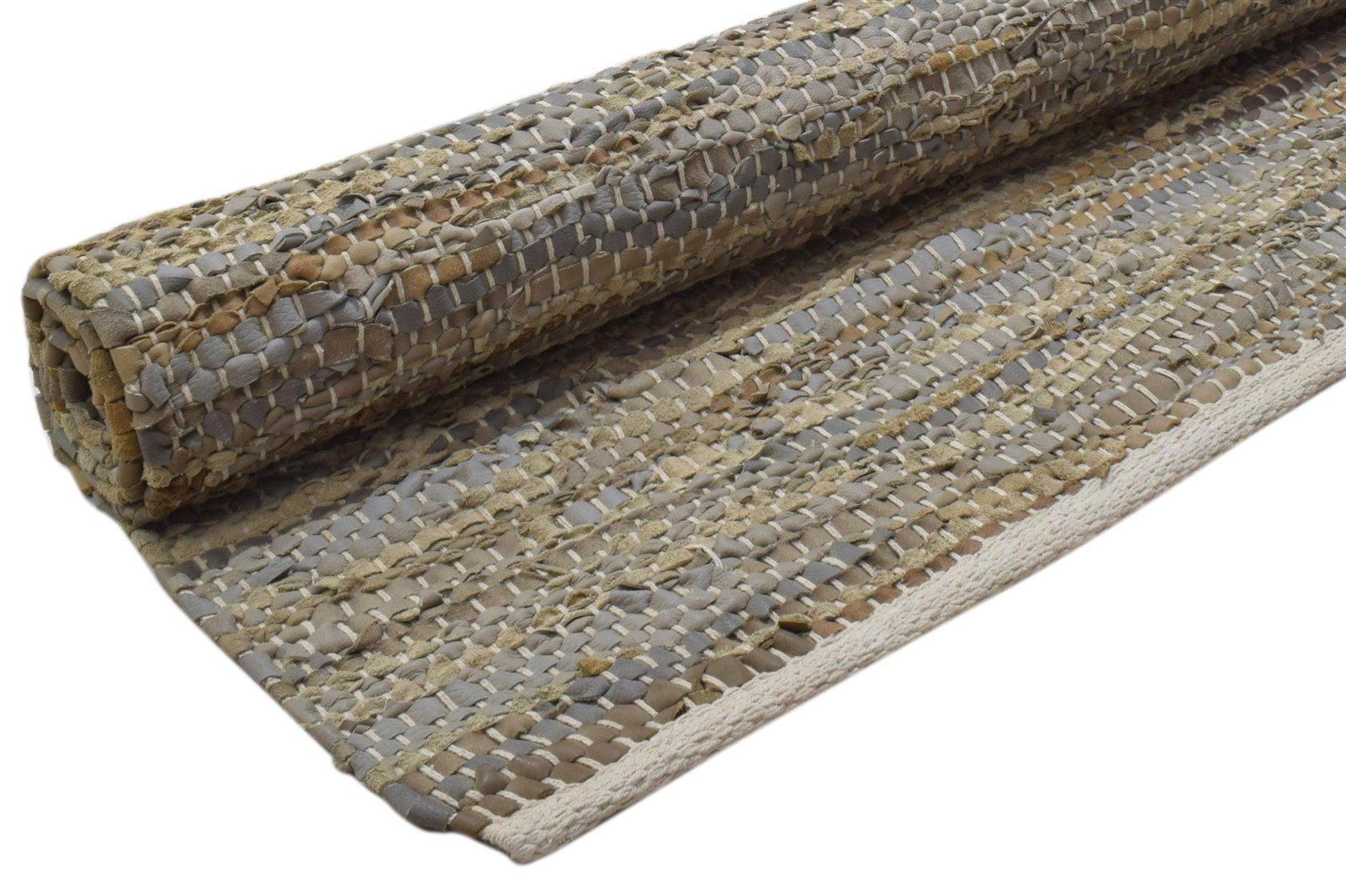 Hand Woven Beige Leather Rug 3X5 Modern Scandinavian Striped Room Size Carpet 7860701364373