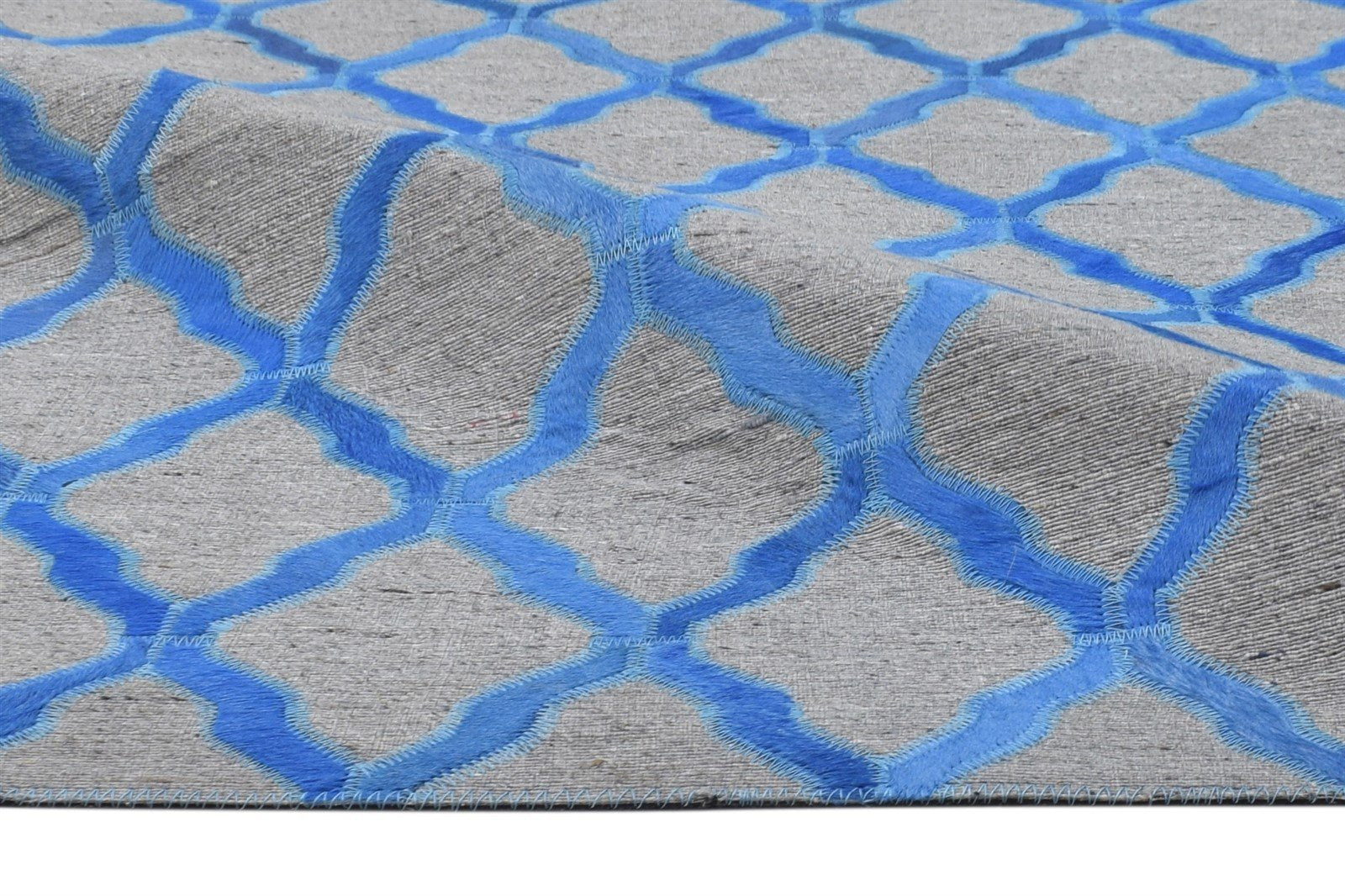 Hand Woven Blue Leather / Cotton Rug 5X8 Modern Moroccan Trellis Room Size 7864371282069