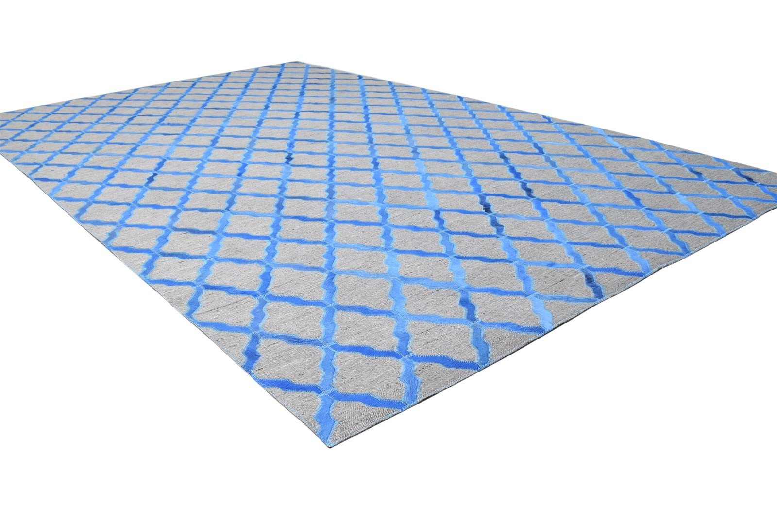 Hand Woven Blue Leather / Cotton Rug 5X8 Modern Moroccan Trellis Room Size 7864371282069
