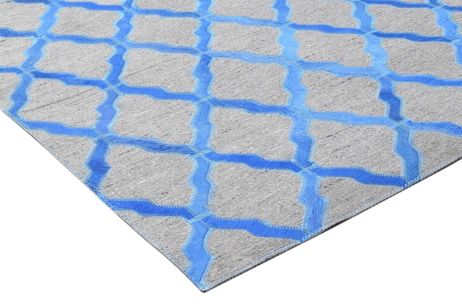 Hand Woven Blue Leather / Cotton Rug 5X8 Modern Moroccan Trellis Room Size 7864371282069