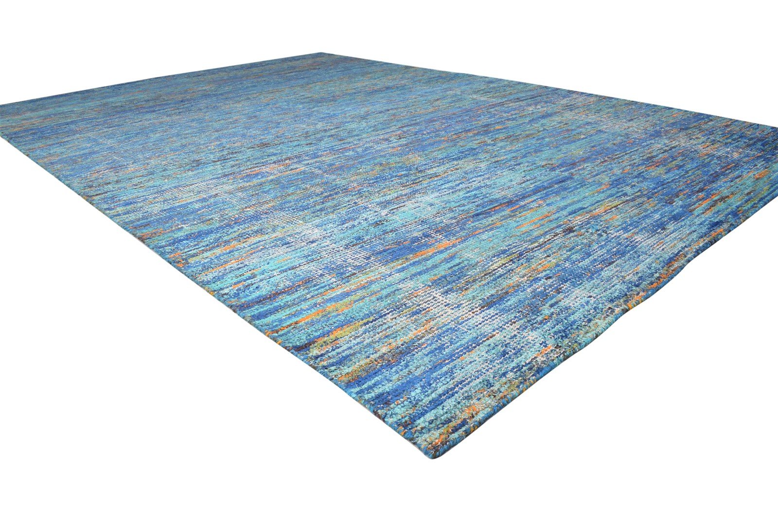 Petra Hand Woven Blue Rayon From Bamboo Rug 7X11 Modern Bohemian Striped 7864805851285